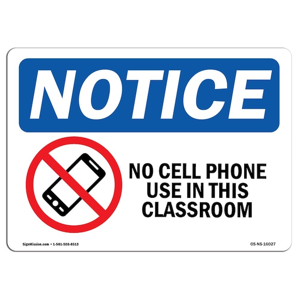 Sign, 3.5" H, No Cell Phone Use In Classroom Sign, Landscape, NS-D-35-L-16027-10PK